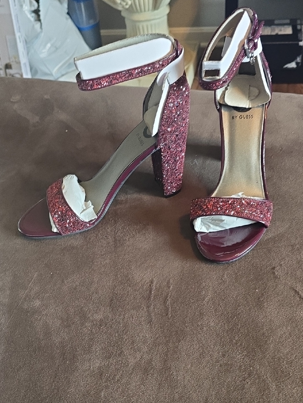 Guess Women's Glitter Ankle-Strap Block Heels in Wine